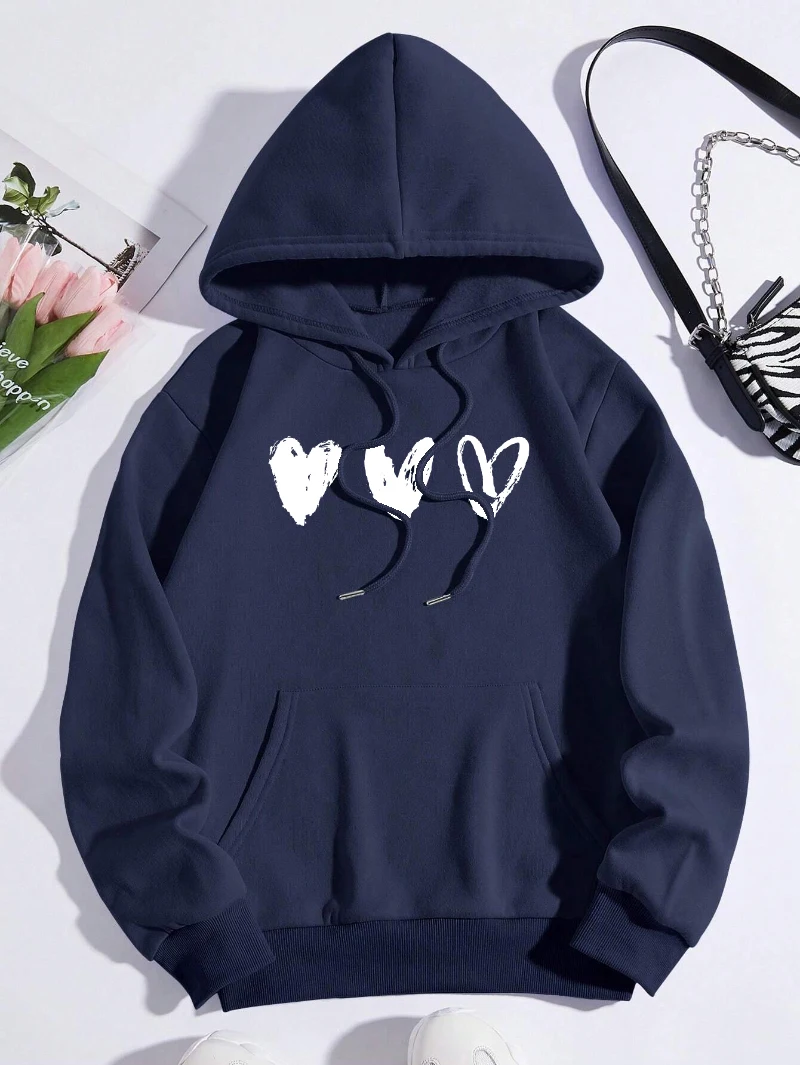 Simple Love Hoodie Women Heart Graphic Printing Sweatshirt Loose Fleece Warm Pocket Pullover Winter Comfortable Woman Clothes