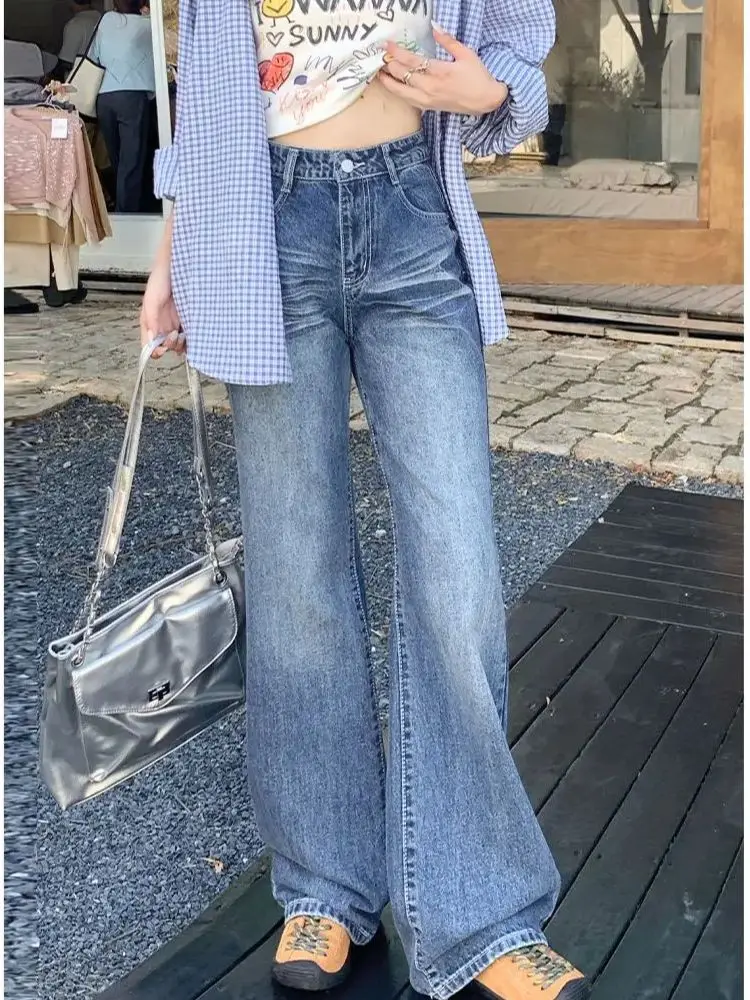 CHIC Korean Vintage Retro Scratched Design Slim Ladies Denim Jeans Women Straight Pants High Street Wide Leg Trousers Drop Ship