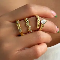 Hot 2023 Stainless Steel Gold Color Ring Irregular Wave Shape Zircon Rings For Women Fashion Charming Jewelry Wedding Gifts