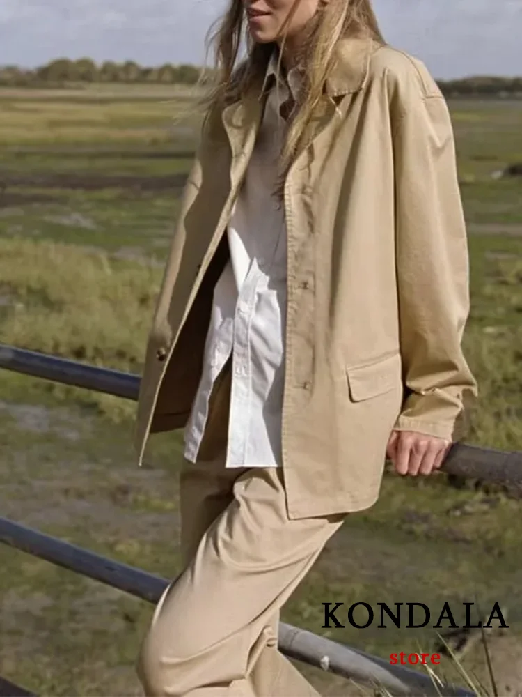 KONDALA Casual Camel Solid Women Suit V Neck Pockets Blazer Straight Loose Pants New Fashion 2023 Autumn Office Lady Twill Set