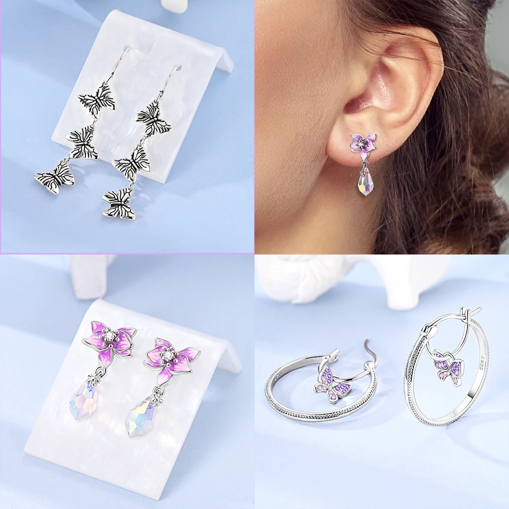 

2025 New Original 925 Silver Iris Flower Stud Earrings Purple Butterfly Woman's Hoop Earrings Jewelry Set Valentine's Day Gift