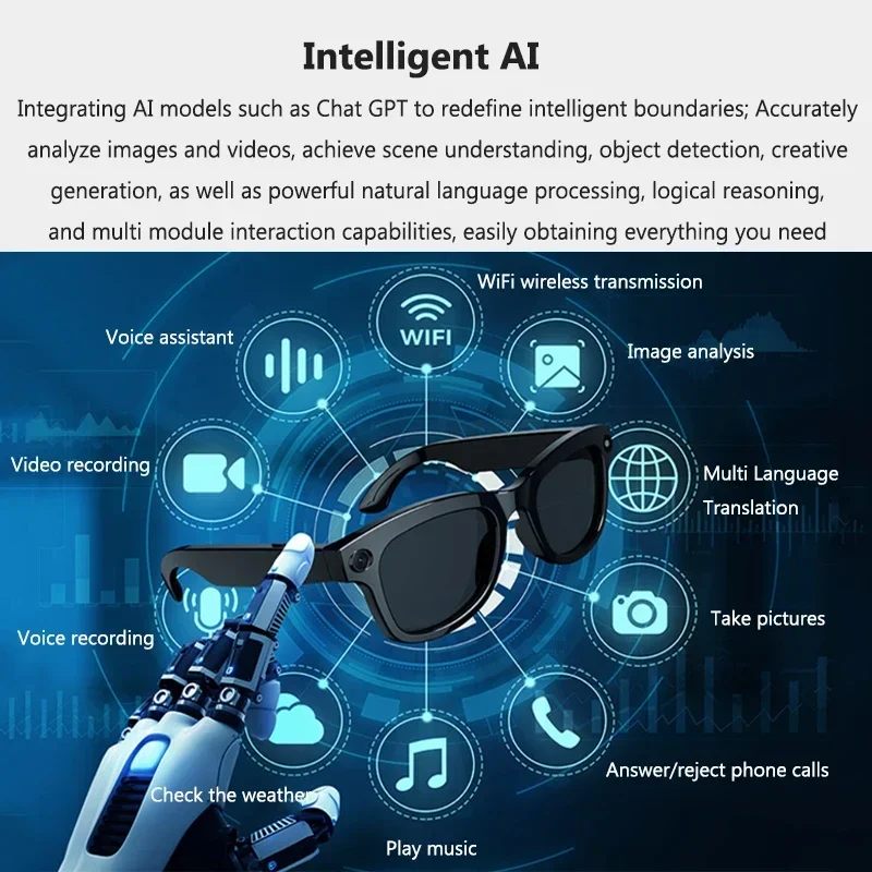 Smart Bluetooth Glasses HD 1080P Call Music Remote Control Camera AI Smart Bluetooth Sunglasses Ride Sports Waterproof Camcorder