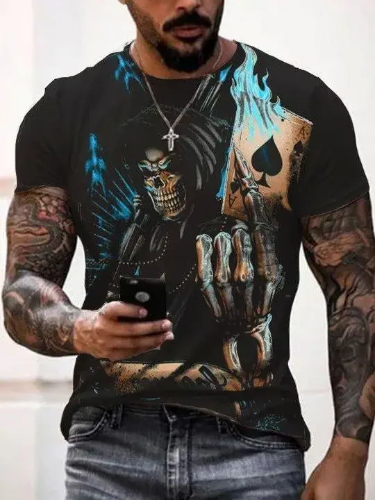 

2023 Summer Men's Printed Casual Crew Neck Short Sleeve T-Shirt Q&K Poker 3D Printed T Shirt