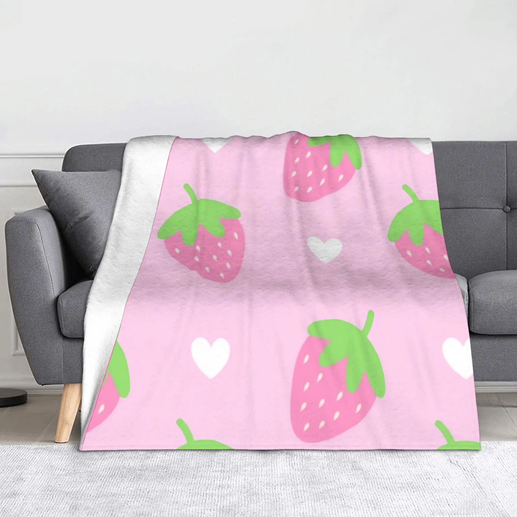 Strawberry Hearts Valentine Kawaii Sweet Fruit Blanket  Wool Funny Soft Throw Blanket for Home All Season