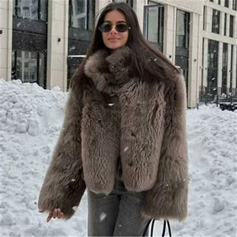 Women Faux Fur Cropped Jacket Stand Collar Plush Fluffy Short Coat Long Sleeve Warm Winter Outerwear Solid Casual Streetwear
