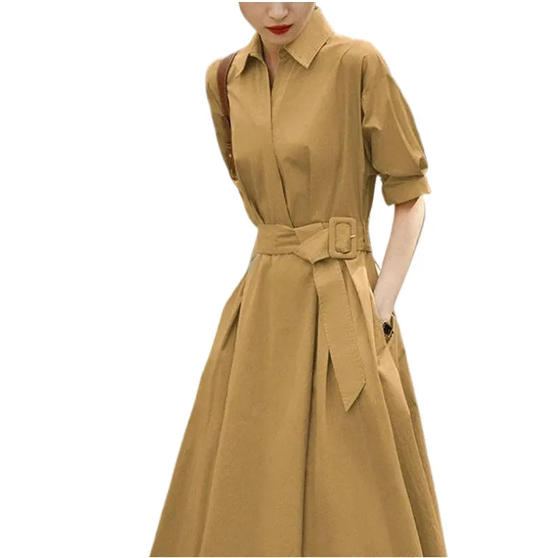 Workwear Trench Coat Lapel Tied Waist Tied Shirt Dress Women's Clothing New Style A-line Skirt for Spring/summer