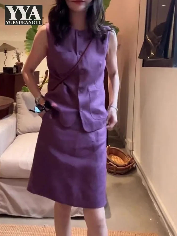 

Fashion Women Summer Cotton Linen Two Piece Set Sleeveless Slim Fit Office Lady Single Breasted Vest Top Knee Length Skirt Sets