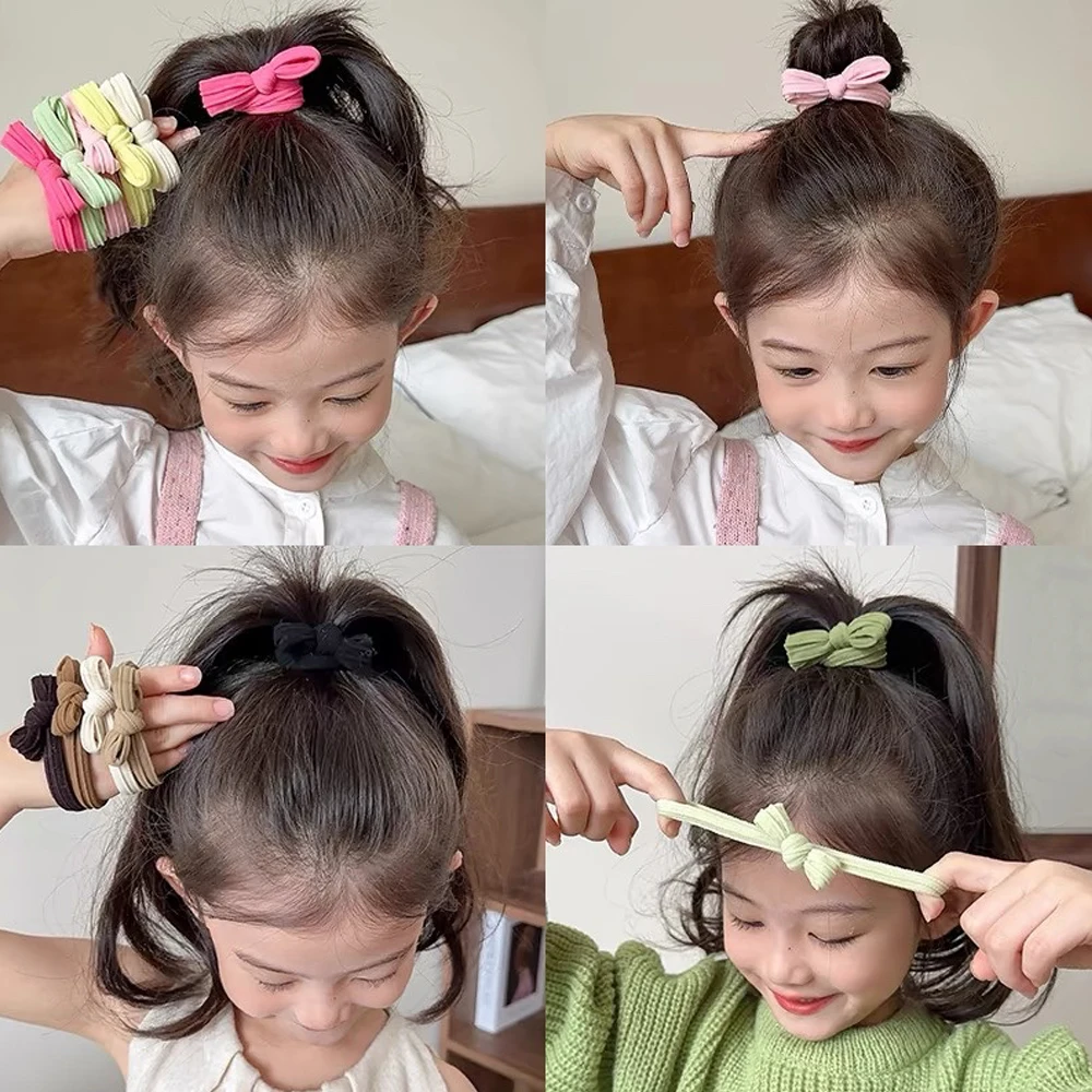 5pcs/Set Simple Bow Hair Ties Ropes Colorful Elastic Seamless Ponytail Holder Rubber Band For Toddler Girls