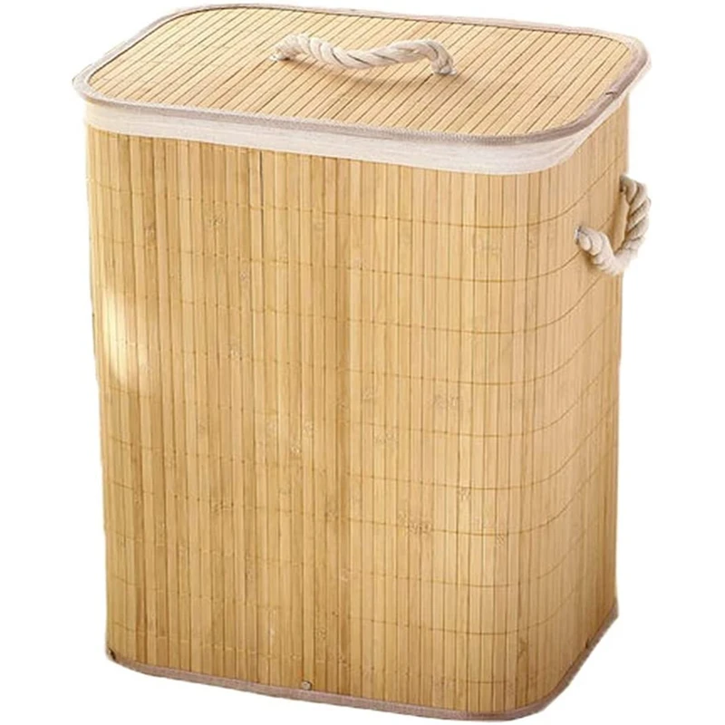 Foldable Bamboo Laundry Basket, Clothes Storage Basket With Lid Household Cloth Container Organiser Washing Basket