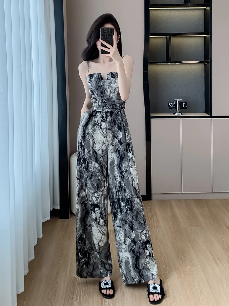 Eleganckie, wyszczuplające spodnie z szerokimi nogawkami, monokini z wysokim stanem, cienki szyfonowy strój jednoczęściowy z nadrukiem wodnym.