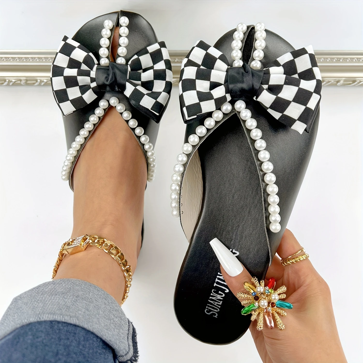 

Women's Plaid Bowknot Decor Flats, Faux Pearl Decor Lightweight Soft Sole Shoes, Closed Toe Elegant Beach Shoes