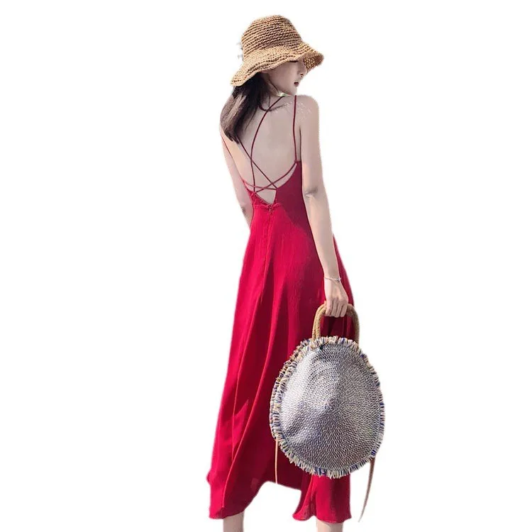 E Vestido de Playa Rojo sin Espalda para Mujer, Vestido Largo sin Mangas con Cintura Alta para Vacaciones de Verano, I...