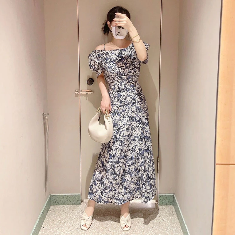 Kuzuwata Elegant Office Lady Floral Print Vestidos High Waist Slash Neck Tank Dresses Mermaid Japanese Feminino Fashion Robe