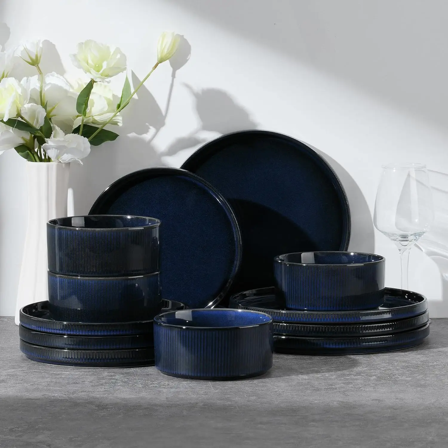 

12-Piece Stoneware Dinnerware Set for 4, Midnight Blue - Chip & Scratch Resistant, Microwave & Dishwasher Safe