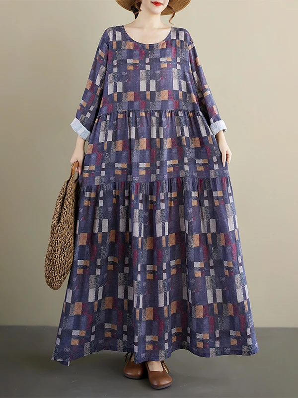 الخريف منقوشة طويلة Sve جولة Ne فضفاض ألف خط الدكتور الكتان القطن ميدي تنورة خمر Sle Ci المشي مناسبة لمتوسطة العمر...