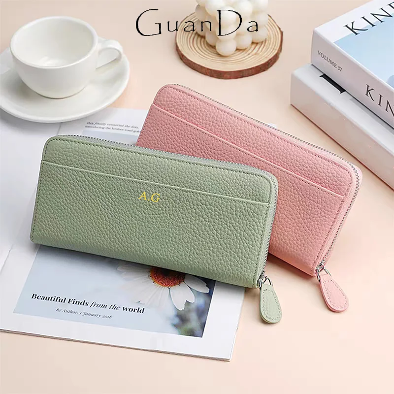 

Custom Letters Long Wallet For Woman Luxury Genuine Leather Card Holder Large Capacity Zip Fashion Coin Purse Engrave Clutch Bag