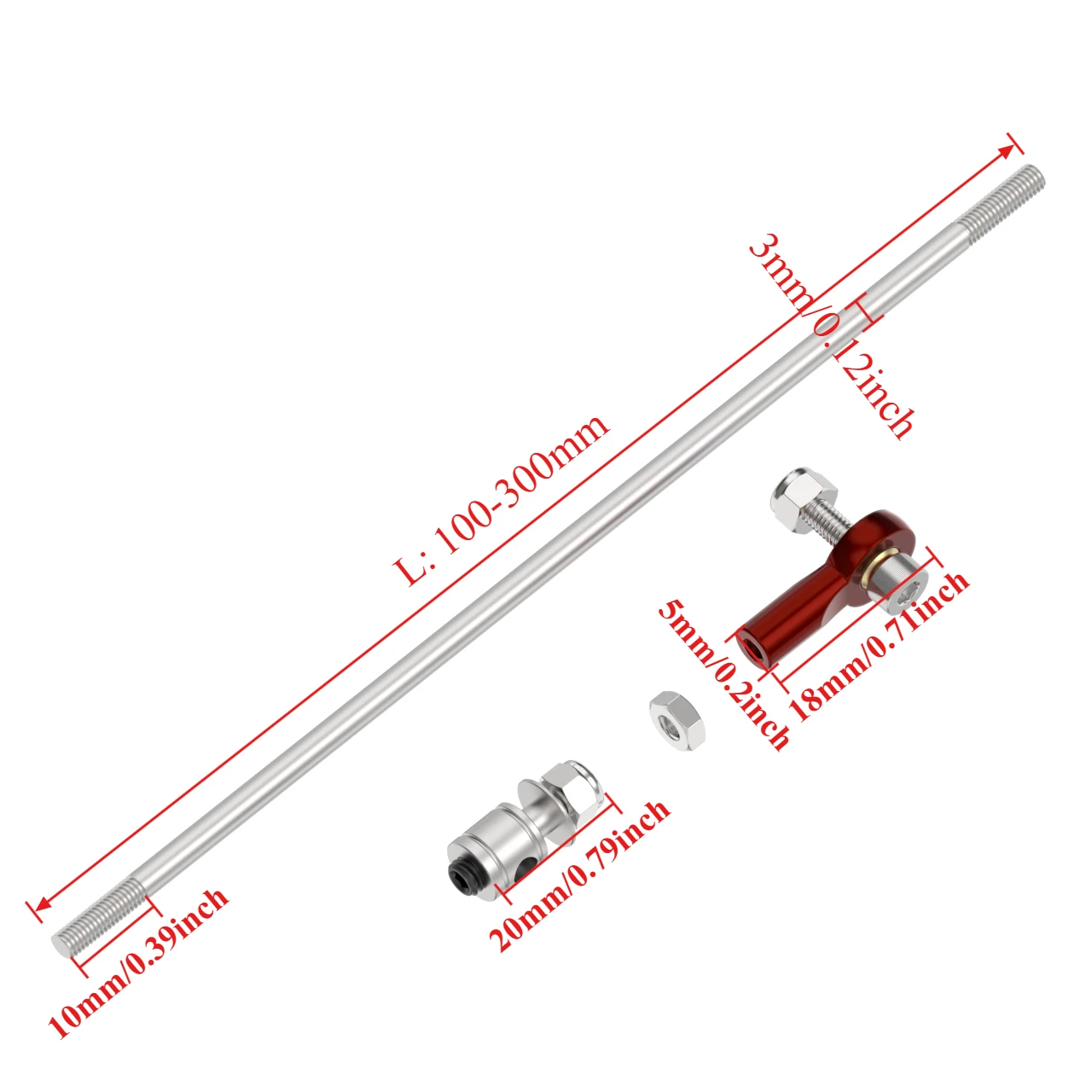 Juego de varillaje de timón de barco RC de acero inoxidable 304 - Junta esférica servo M3 de 3 mm + tapón ajustable + kit de varilla de empuje de 100-300 mm