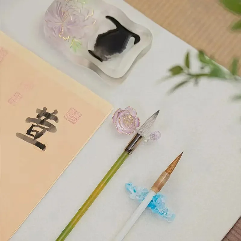 Handmade Glazed Ceramic Pen Rest Peony Lake Design Traditional Chinese Calligraphy Brush Holder Ornament Gift Box Set for
