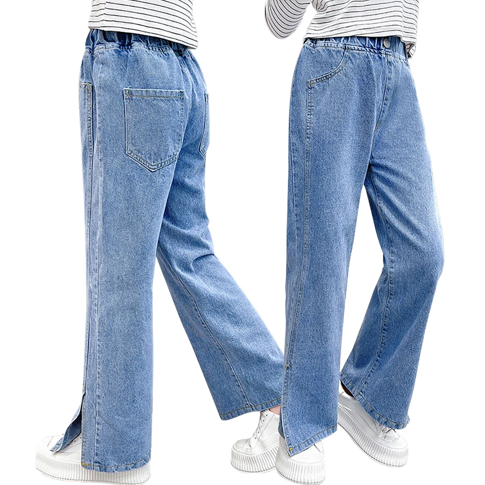 

Стильные широкие джинсовые брюки для девочек с разрезом на щиколотке для весны и осени. Подходит для детей среднего и большого размера с модным передним образом.