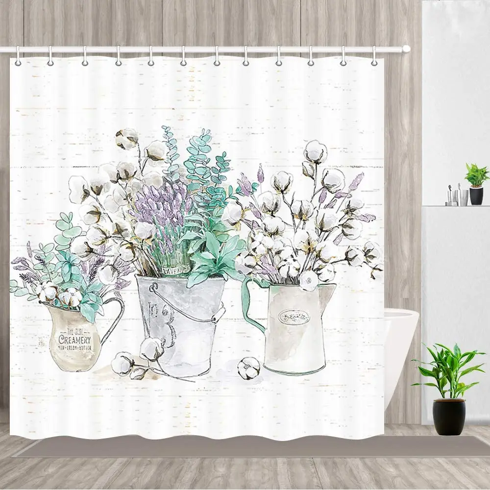 Farmhouse Flower Shower Curtain Cotton Flowers Watercolor Plant Glass Bottle Rustic Wooden Plank Bathroom Curtains with Hooks