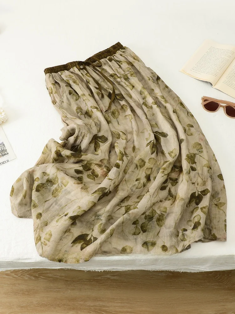 

Хлопковая льняная юбка в стиле ретро с цветочным принтом и высокой талией, утягивающая двухслойная юбка-миди трапециевидной формы для женщин, летняя мода для поездок на работу