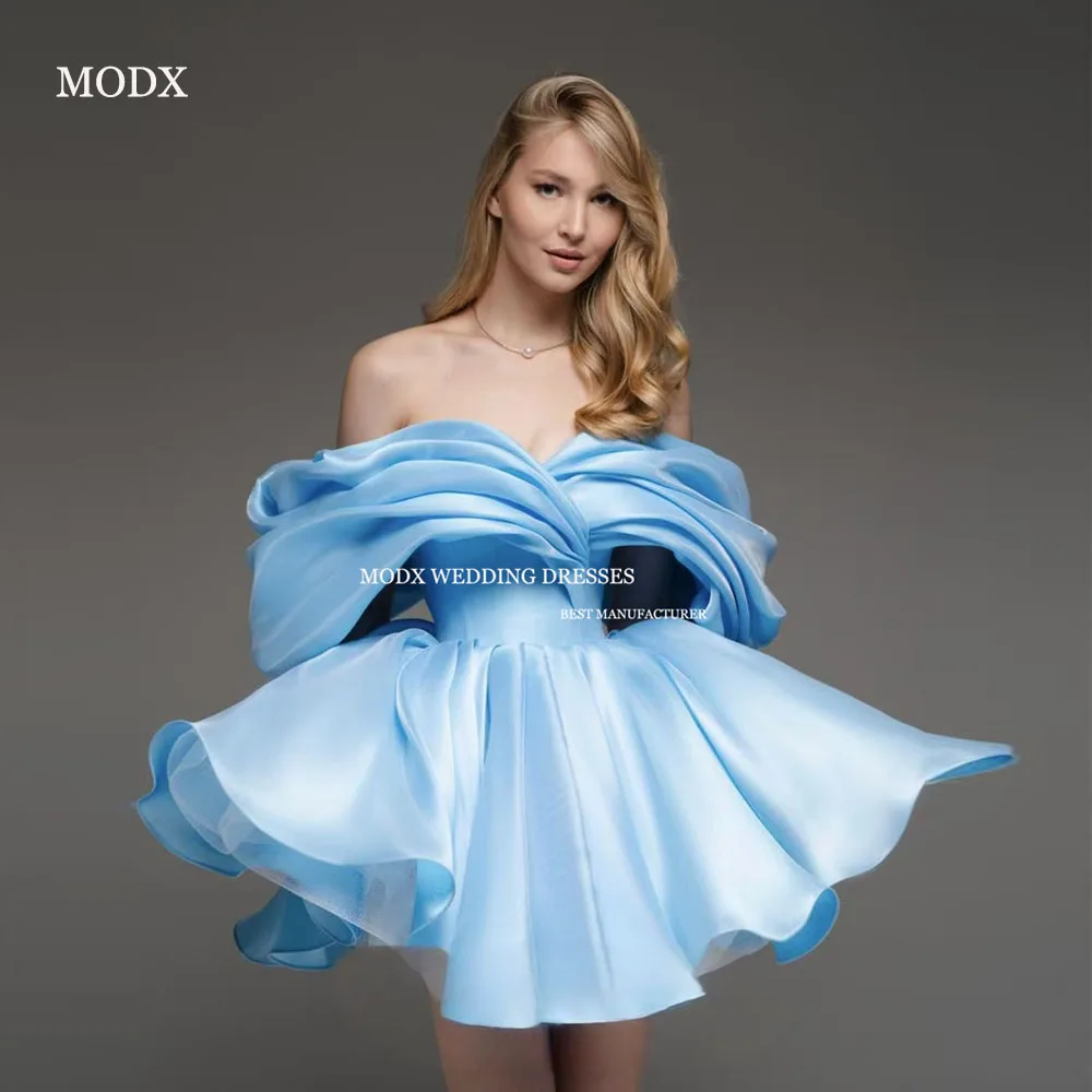 

MODX Light Blue Cute Lovely Short Prom Party Dresses Off Shoulder Mini Evening Gowns Formal birthday Dress Robe de soiree