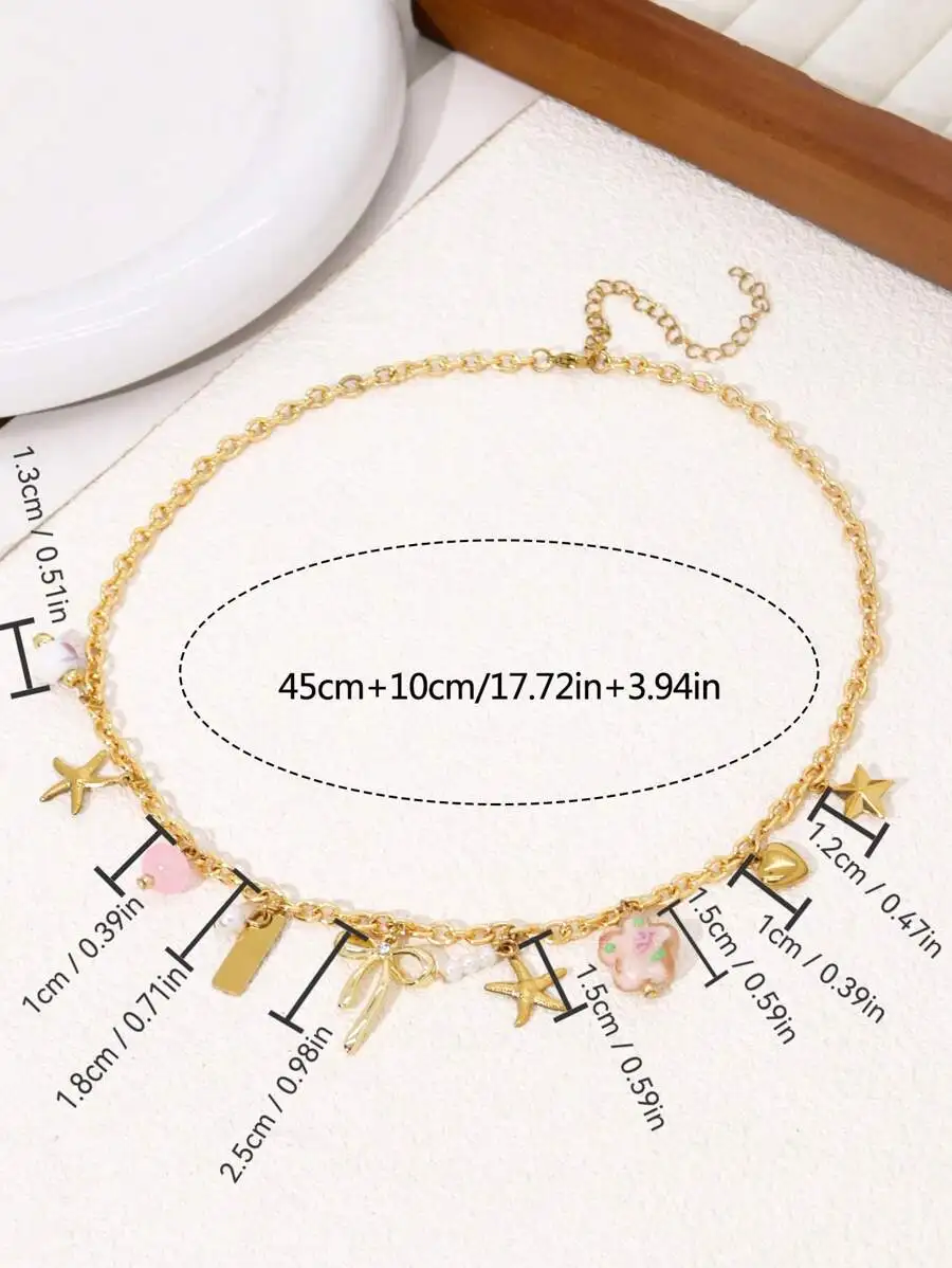 

Золотая цепочка с подвесками в виде звезды, банта, цветка, жемчужины и сердца для женщин