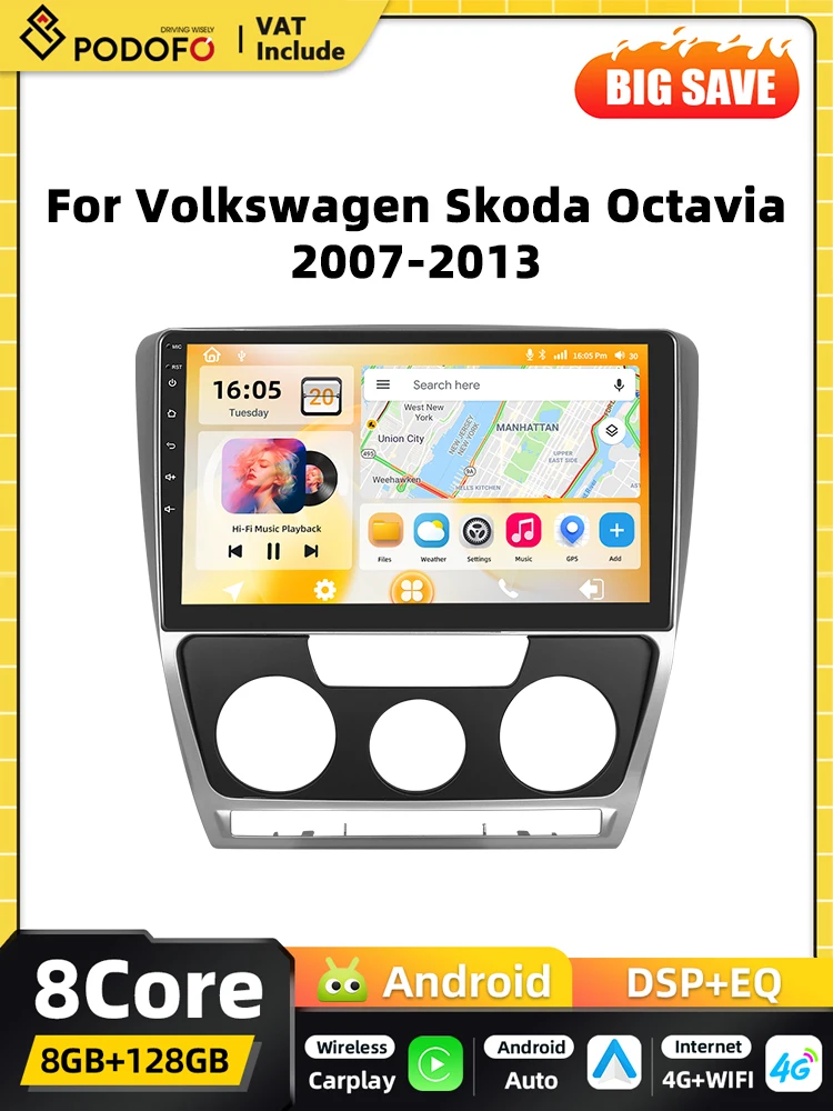 Podofo 8+128G 2din Android Autoradio für Volkswagen Skoda Octavia 2007-2013 Carplay FM GPS DSP Android Auto RDS BT Audio