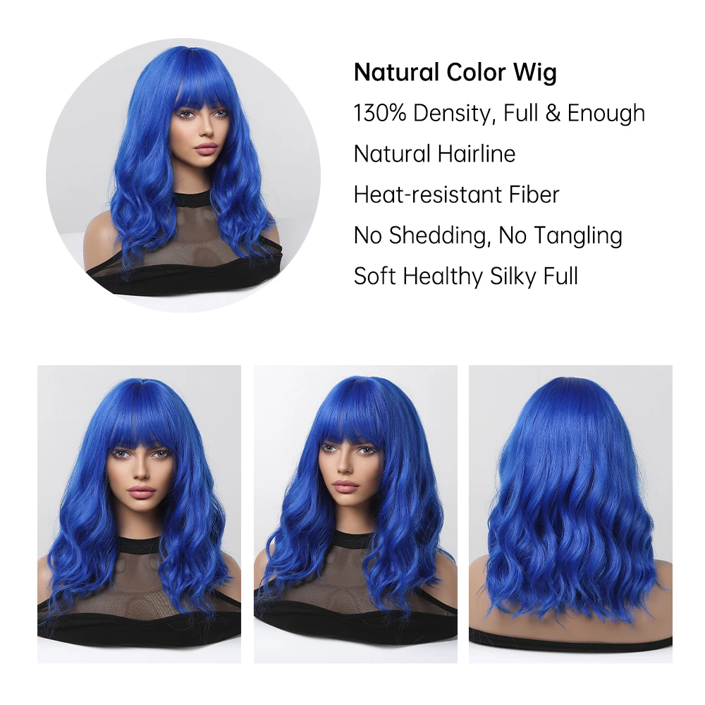 TINY LANA Blau Lockige Medium Synthetische Perücken mit Pony Kurze Bob Cosplay Natürliche Welle Perücke für Frauen Afro Hitze Beständig haar