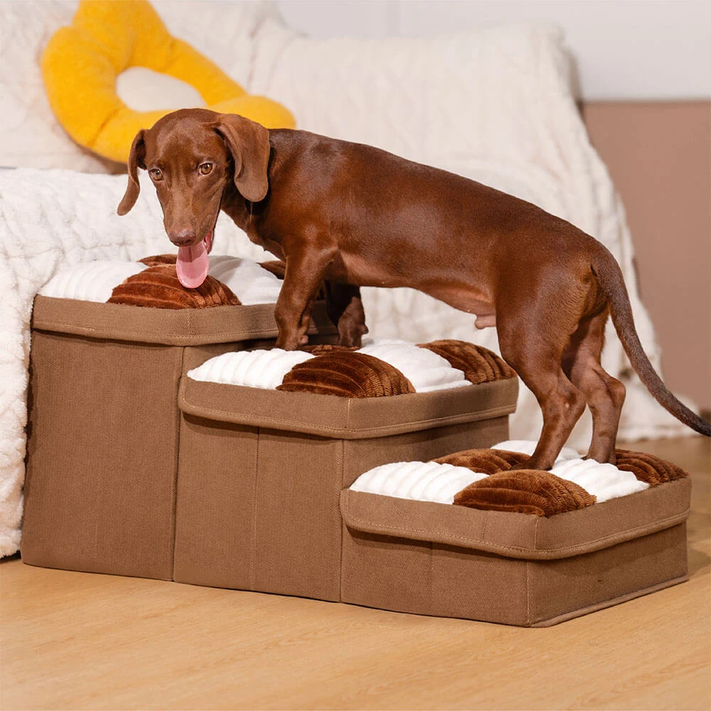 Immagine 4: Scaletta Pieghevole a 3 Gradini per Cani, Fatta a Mano, con Design a Scacchiera, per Appartamenti con Spazio di Stoccaggio, Letti Alti e Divani