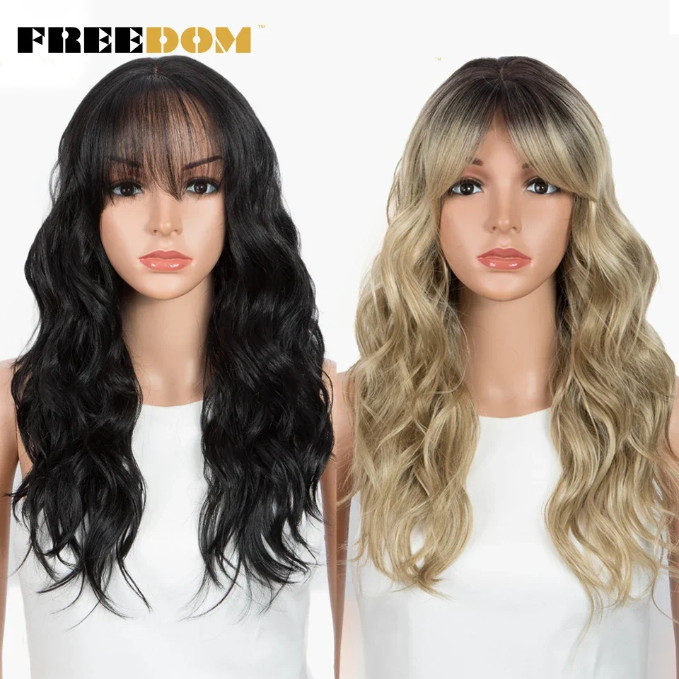 FREEDOM Synthetic Lace Front Wigs For Women Long Ombre Blonde Body Wave Lace Wig With Bangs Heat Resistant Cosplay Wigs