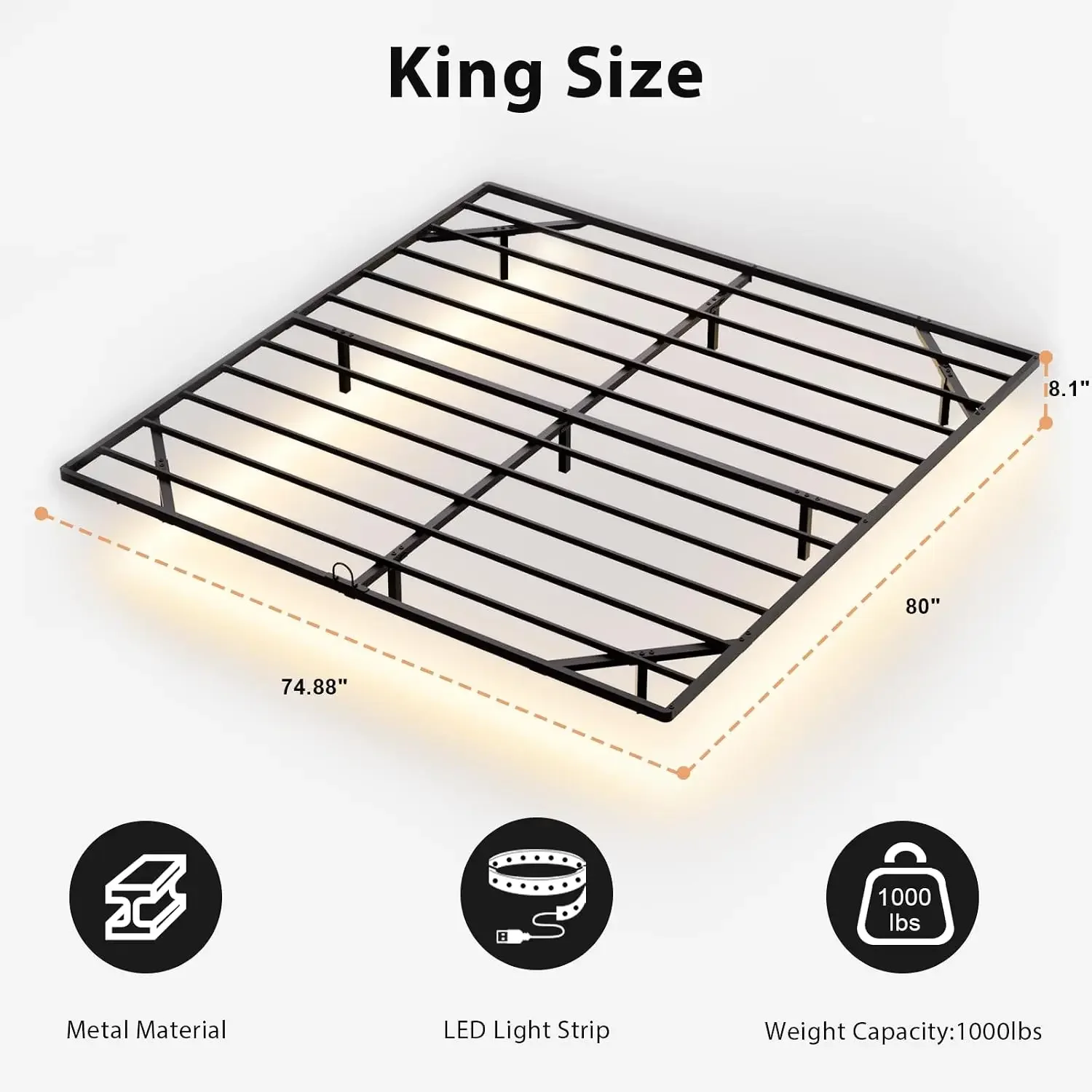 King Size Floating Bed Frame with Smart LED Lights, Metal Platform Bed | Modern Metal Platform Floating Bed King - Heavy Duty