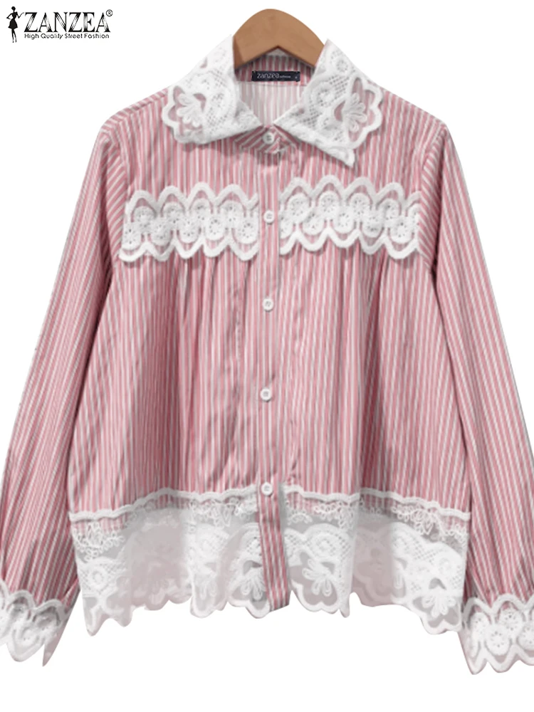

ZANZEA модные кружевные рубашки женские блузки с длинным рукавом 2025 повседневная полосатая лоскутная туника большого размера однотонные OL рабочие пуловеры с рюшами