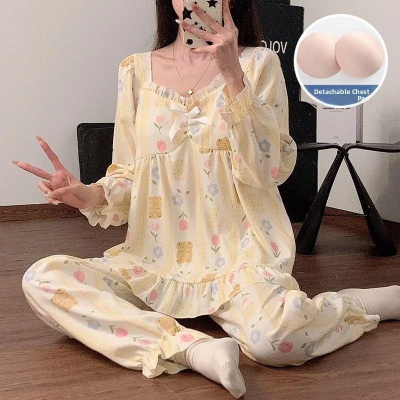 

Cloud Cotton Sleepwear Women's Long Sleeve Long Pants Home Clothes Set Thin Model with Chest Pad Princess Style Spring Autumn