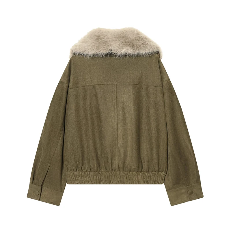 YENKYE New Women Removable Collar Faux Suede Leather Jacket Long Sleeve Double-breasted Autumn Winter Warm Coat Short Outerwear