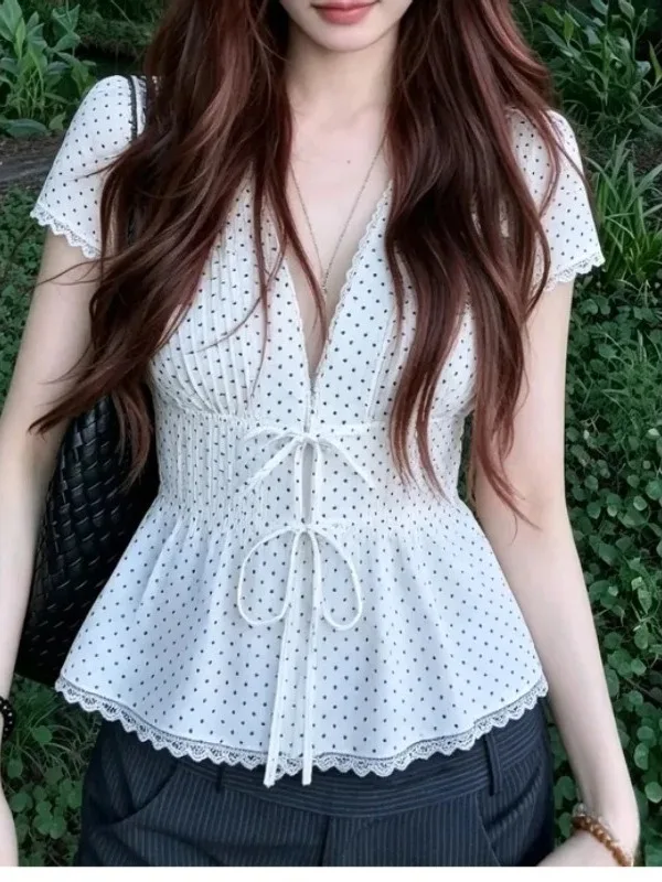 

plus Size Women's Lace Trim Belted Chiffon Shirt Summer New Style High Waist Slimming Top Korean Style Commute Fashion