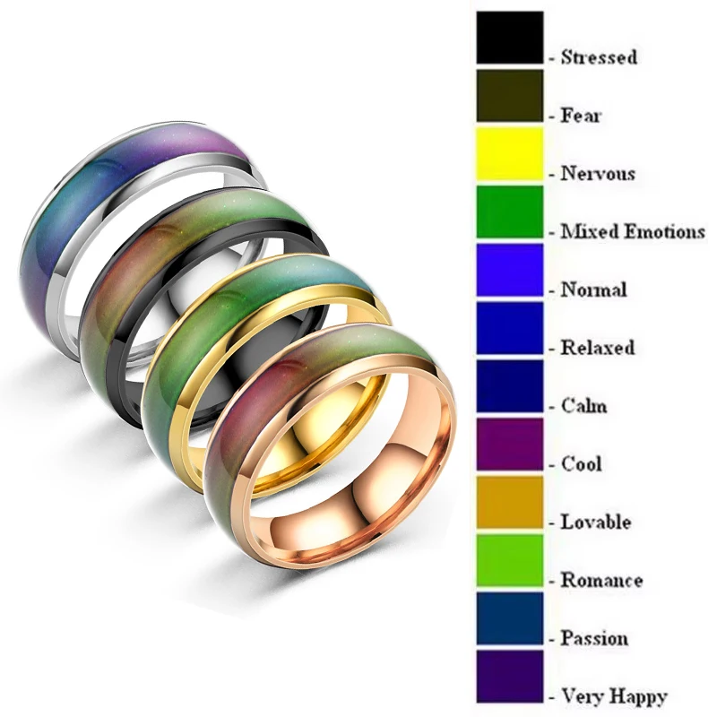 5-Farben-Edelstahl-Stimmungsring, wechselnde Farbe, Ringe, Emotion, Gefühl, Temperaturring für Männer und Frauen, Ton, Schmuck, Paare, Geschenk