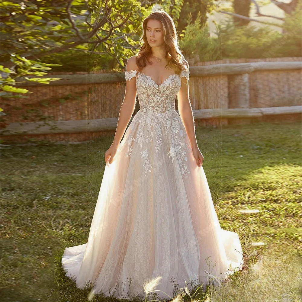 Abiti da sposa senza maniche con scollo a v e spalle scoperte abiti da sposa con superficie in Tulle brillante lunghezza senza schienale Vestidos De Novias