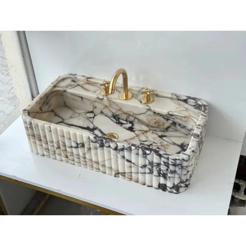 High-end luxury viola marble sink with refined stone modern design ribbed trilateral rectangular shape including drain