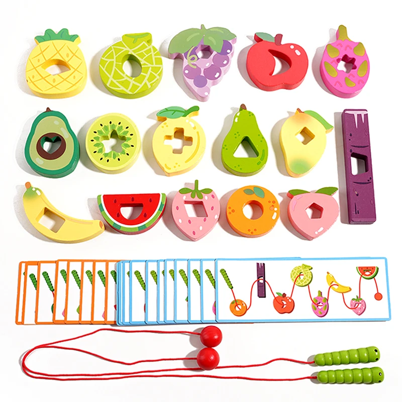 1 Stück Holz-Cartoon-Frucht-Bespannungsspiel für Kinder mit Farb- und Formerkennungskarten, geeignet für Kinder ab 3 Jahren