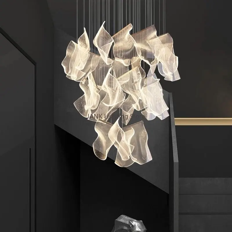 Postmodern Luxury LED Art Paper Acrylic Pendant Light Creative Simple Staircase Hanging Chandelier Restaurant Decorative Lamps