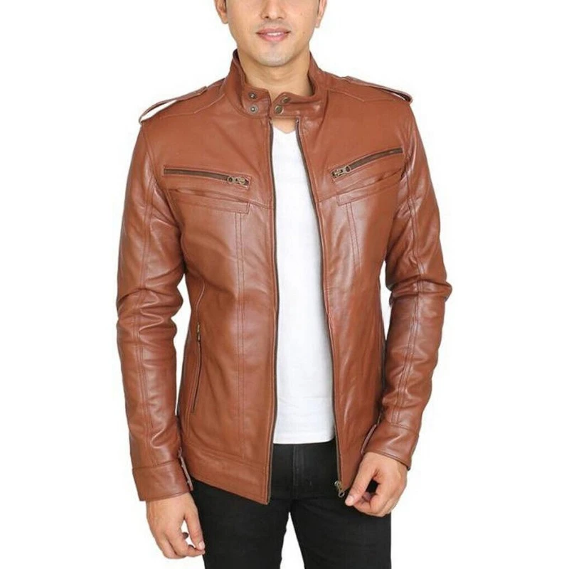 

Men's Genuine Sheepskin Handcraft Leather Jacket Biker Casual Wear Tan Coat