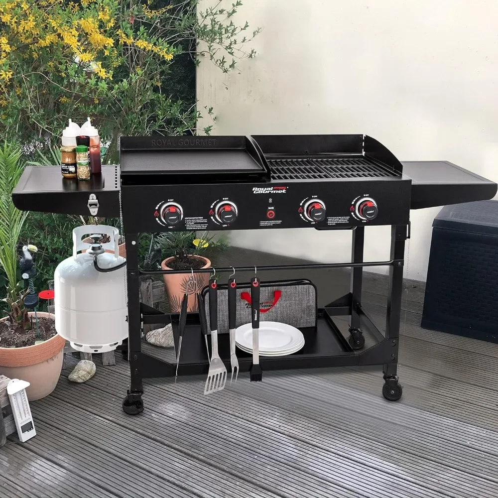 4-Burner Portable Flat Top Gas Grill and Griddle Combo with Folding Legs 48,000 BTU, Black Freight free