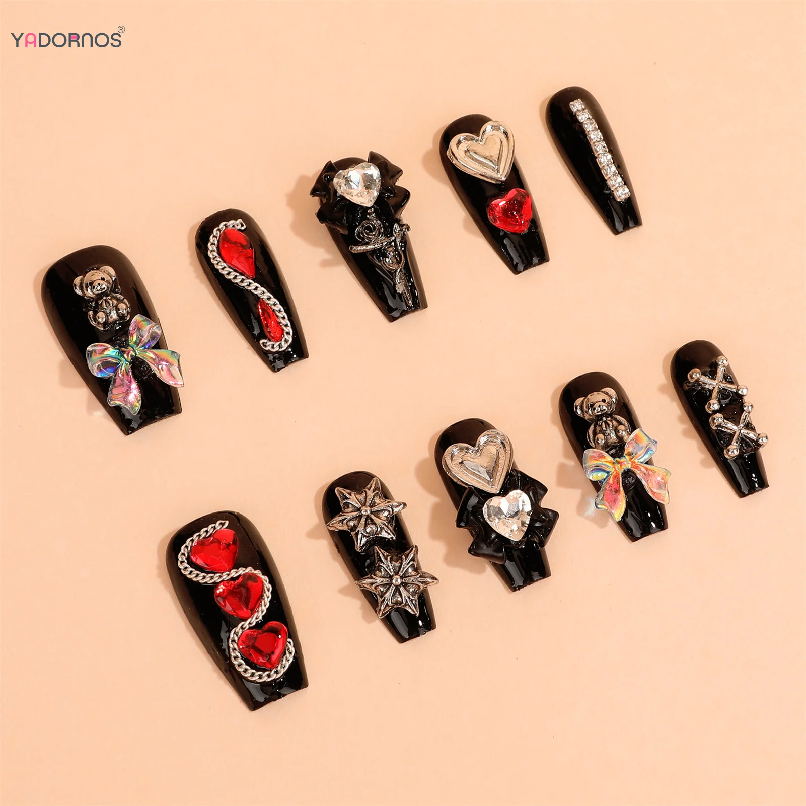 Uñas postizas de estilo gótico para mujer, uñas postizas hechas a mano con diamantes de imitación, diseño de lazo, manicura usable para fiesta, color negro, 10 piezas