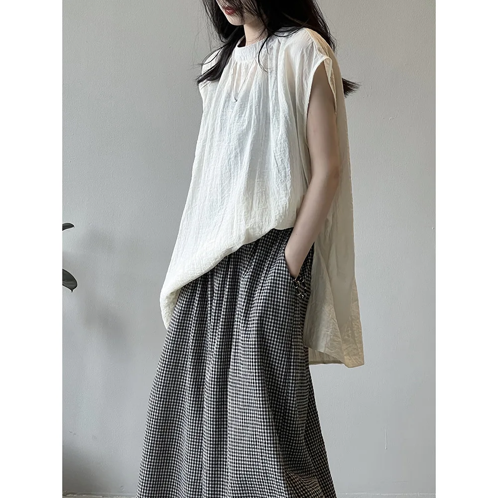 

Женская свободная рубашка, длинная Модная рубашка без рукавов в Корейском стиле, простой топ с оборками, лето 2024