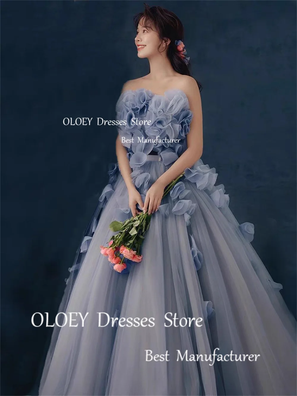 OLOEY Exquisite 3D Appliques Prom Dresses Korea Wedding Photoshoot Strapless A-Line Floor Length Formal Custom Evening Gowns