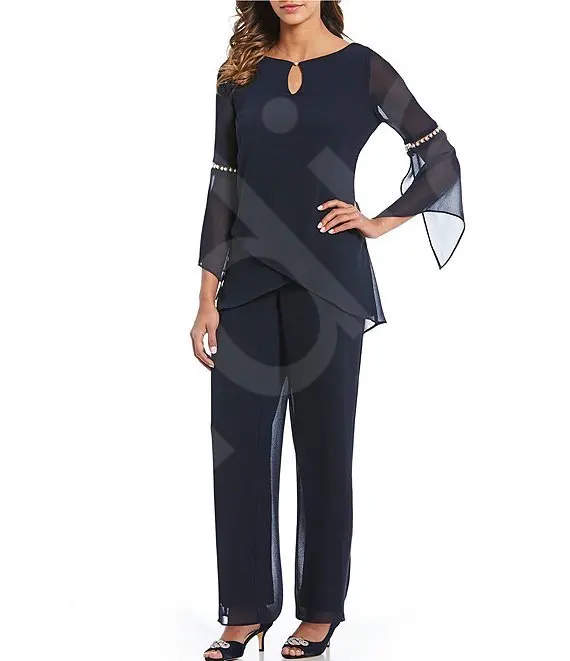 Elegant Dark Mother of the Bride Pantsuit 2 Pieces Long Sleeve Top Decorative Forearm Detail Asymmetrical Layered Design Cut-Out