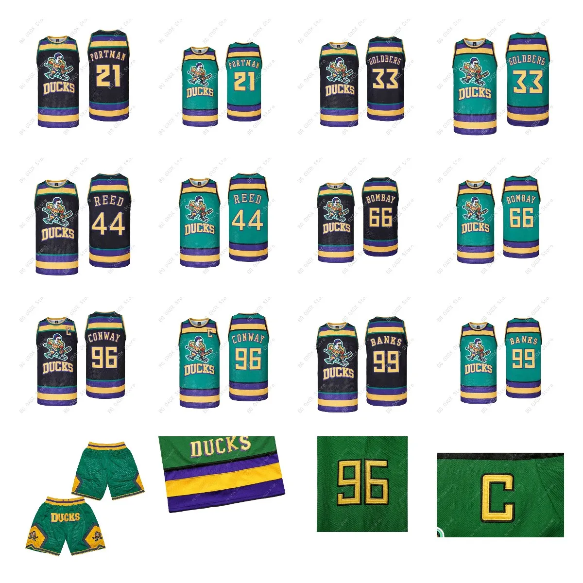 Basketball Jerseys Mighty Ducks Of Anaheim 44 Reed 99 BANKS 96 CONWAY 66 BOMBAY Sewing Embroidery Outdoor Sports Black Green New