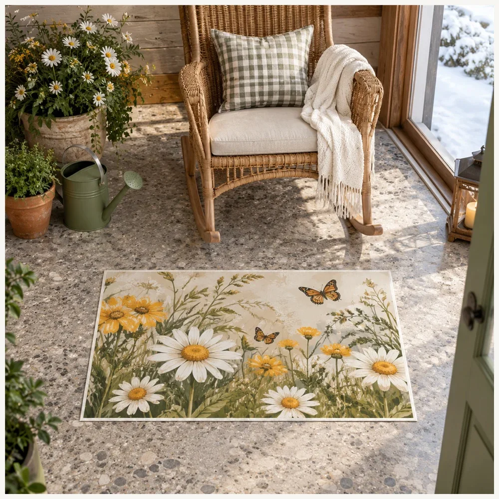 VIKAMA Daisy Meadow Door Mat, Water Absorbent Non Slip Flannel Rug, Meadow Floor Mat for Dining Room, Bathroom, Bedroom