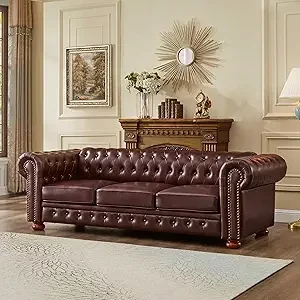 Sofá clásico de 3 plazas con ribete de cabeza de clavo y brazo enrollable para vivir, sofá de cuero Chesterfield, sofá moderno de mediados de siglo de 89" con respaldo bajo